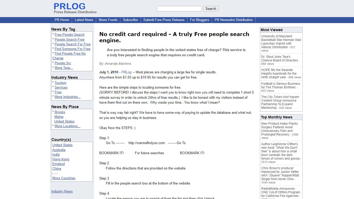 No credit card required - A truly Free people search engine.